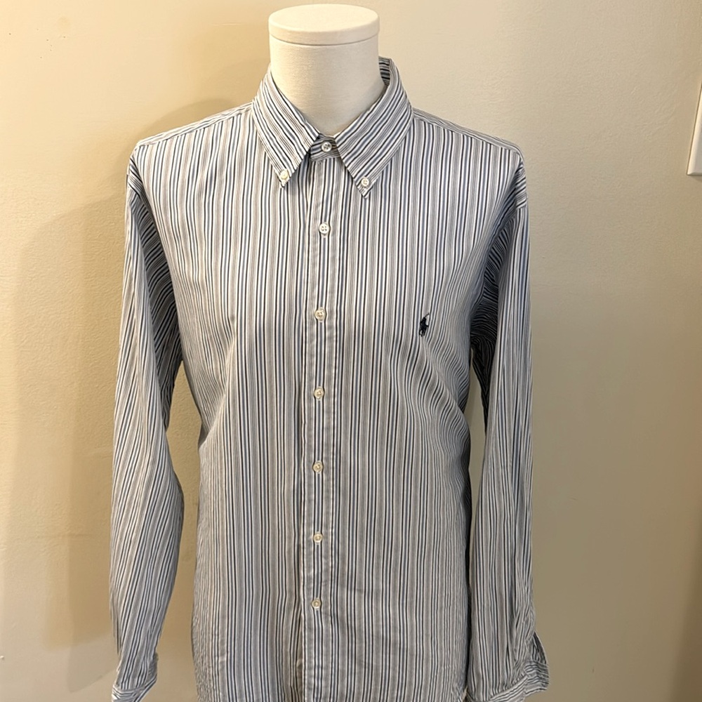 Ralph Lauren Men 17 1/2 36/37 Button Up Shirt Blue Striped Classic Fit